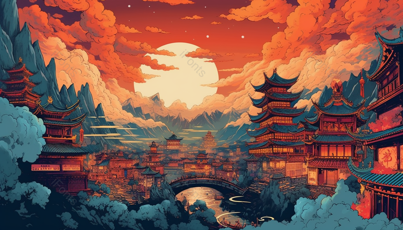 国潮风古建筑祥云手绘背景图,插画/手绘图,插画/手绘图库,插画/手绘图下载,插画/手绘